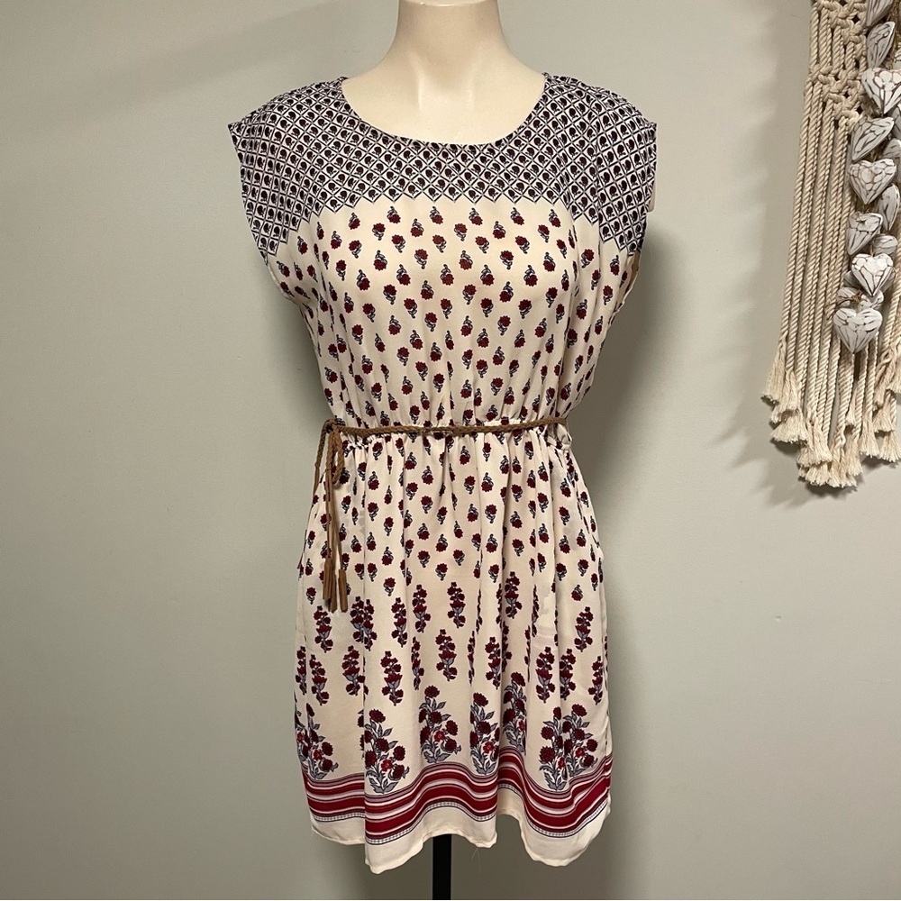 Forever 21 Indie Sleeze Red Roses Mini Dress Faux Suede Tassel Belt Size Large
